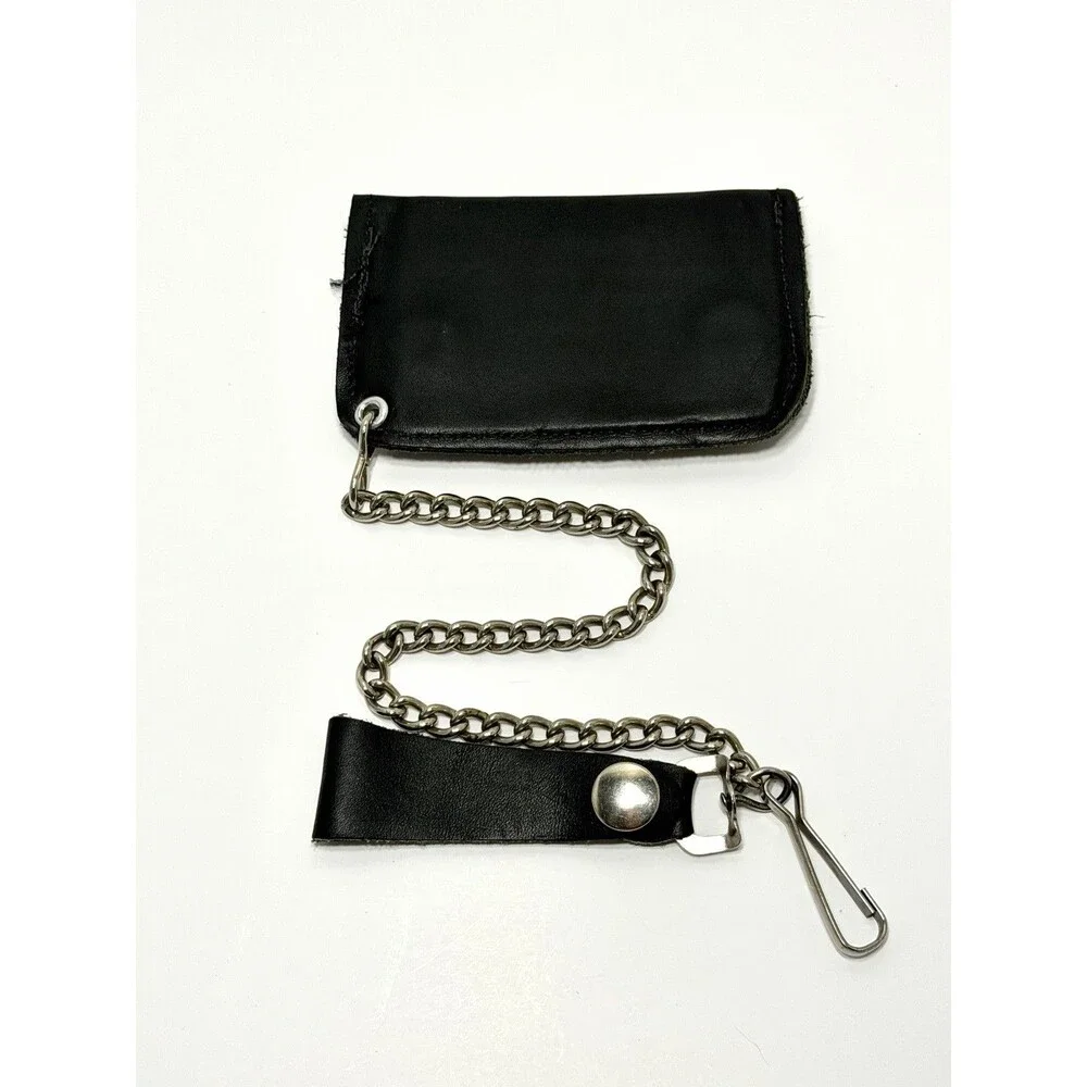 Vtg 80s Harley Davidson Leather Chain Wallet Black Biker Trucker Banner Patch